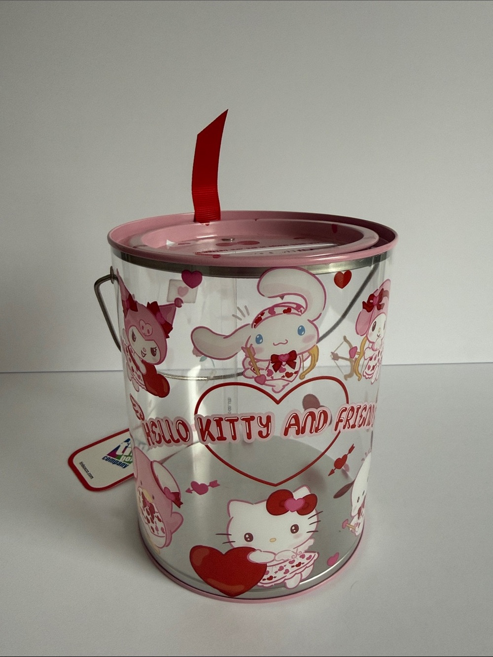 Sanrio Hello Kitty & Friends Valentine's Day clear tin mailbox.